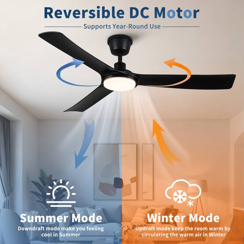 56 inch All-Weather Outdoor Waterproof Modern Black Ceiling Fan with Light and Quiet DC Motor for Patio Porch