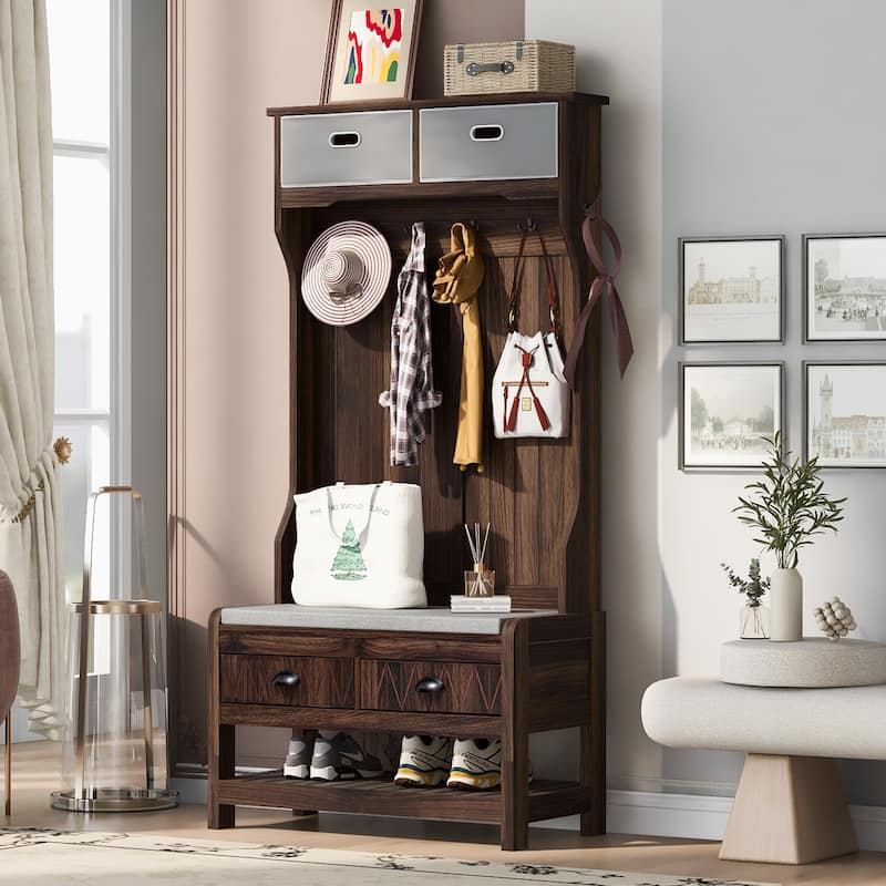 Hall Tree with 6 Hooks and Hinged Lid, Coat Hanger, Entryway Bench, Storage Bench, 3-in-1 Design, 69INCH, for Entrance, Hallway - Brown