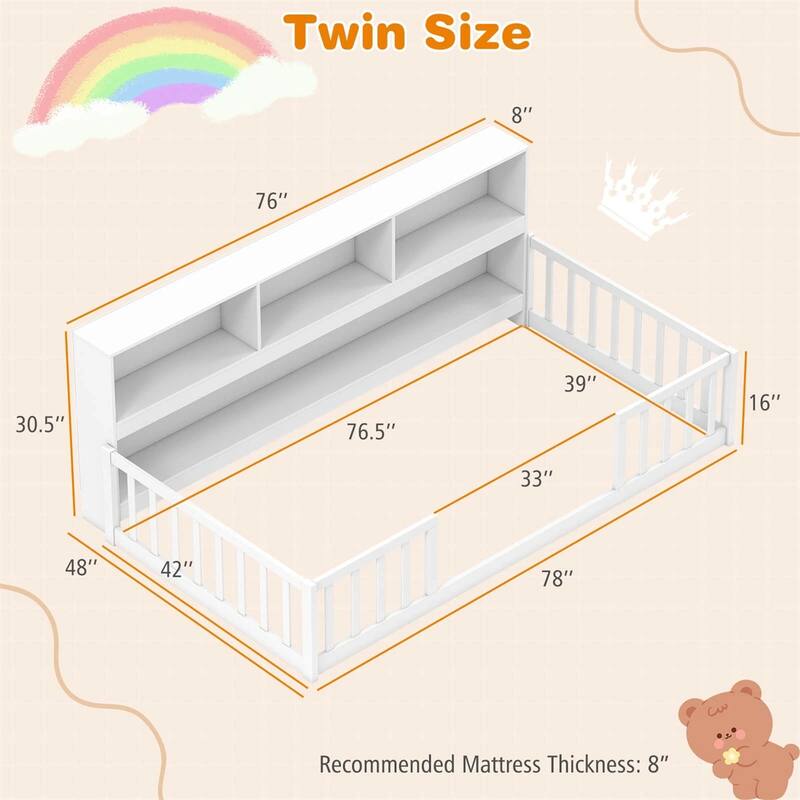 Pine Wood Twin Montessori Floor Bed with Bookshelf and Safety Rails