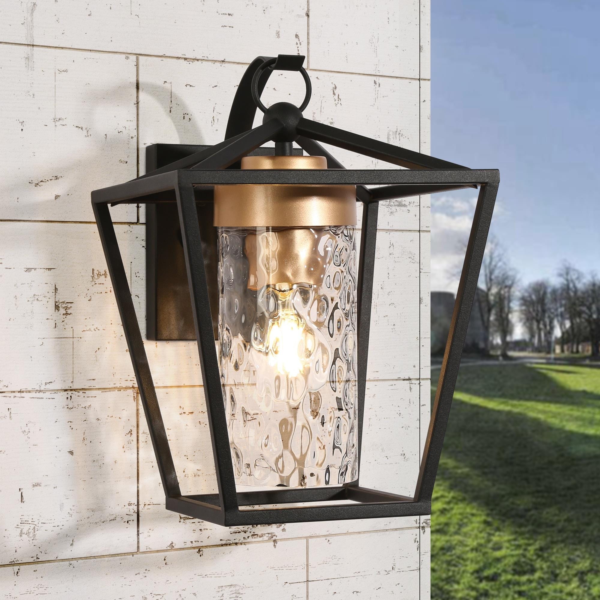 Modern Brushed Black Gold 1 Light Outdoor Wall Lantern Sconce Water Glass for Garage Porch Front Door Black Gold L 9 W 10.6 H 13