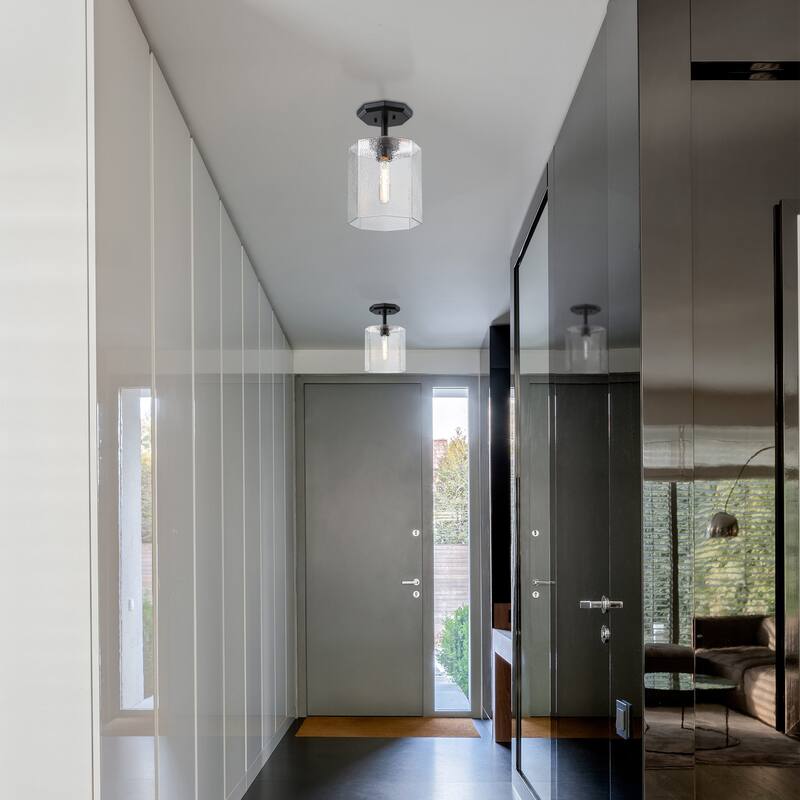 Haven 10 in. Matte Black Modern Semi-Flush Mount with Clear Rippled Glass Shade for Hallways