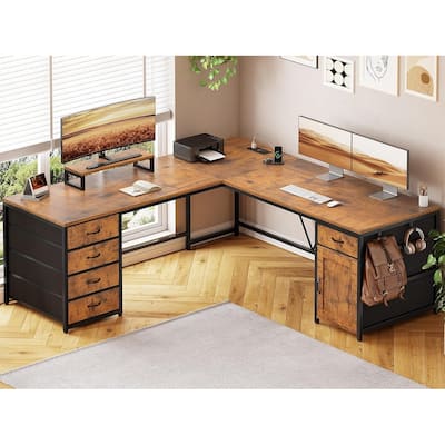 L Shaped Computer Desk 5 fabric Drawers Gaming Desk Storage Shelf