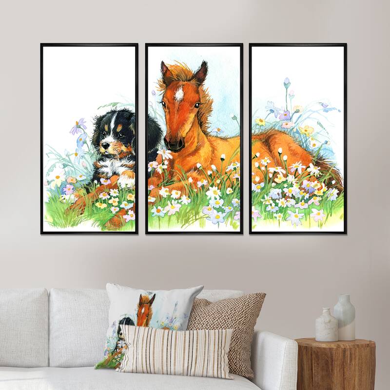 Designart "Relaxing Brown Cute Horse" Animal Framed Wall Art Set of 3