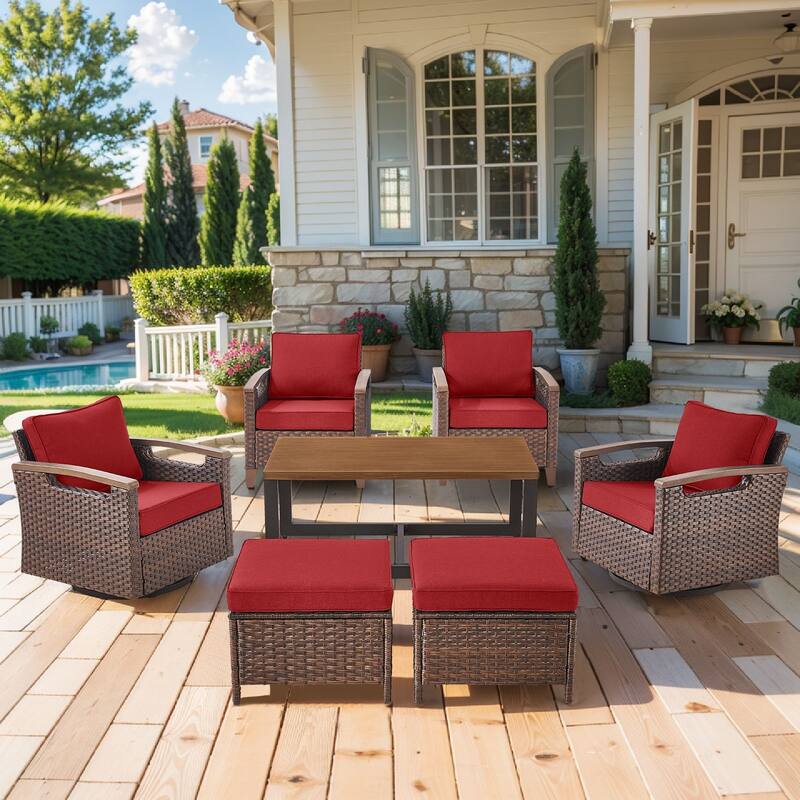 Pocassy Outdoor Patio Sofa Chair Ottoman Table Furniture Set - Red Cushion - Swivel Chairs with Club Chair Ottomam Table Set