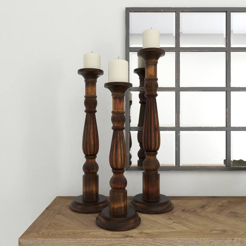 Brown Mango Wood Tall Turned Decorative Candle Holder (Set of 3)