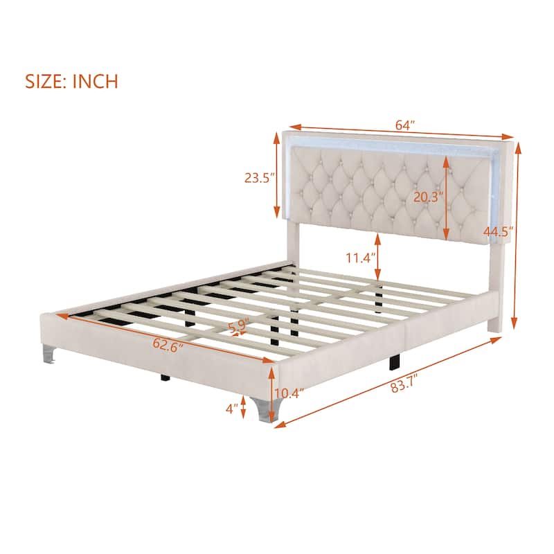Queen Size Upholstered Bed Frame with LED Lights