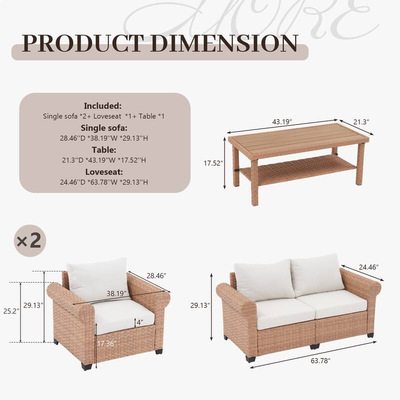 Outdoor PE Rattan Sofa and Coffee Table Set of 4