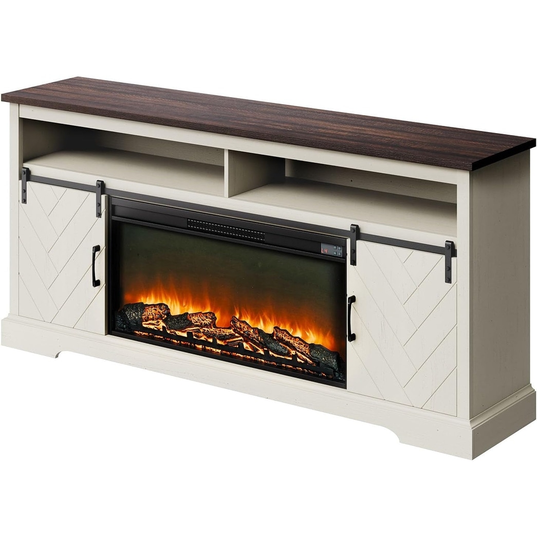 Farmhouse TV Stand with 36" Electric Fireplace & LED Lights, Fits Up to 80" TV, White