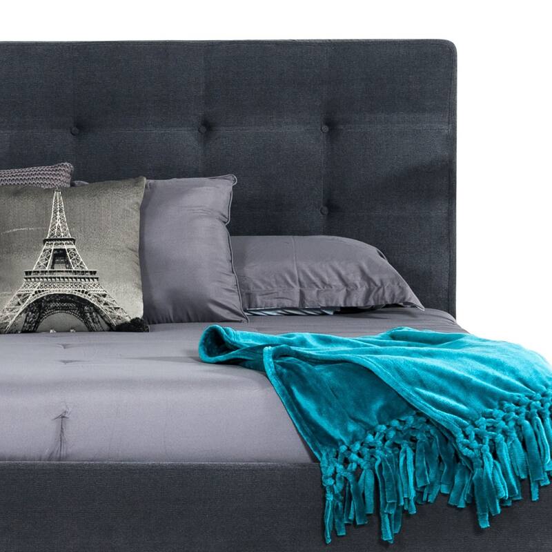 Adia Platform King Bed, Dark Gray Button Tufted Polyester Upholstery