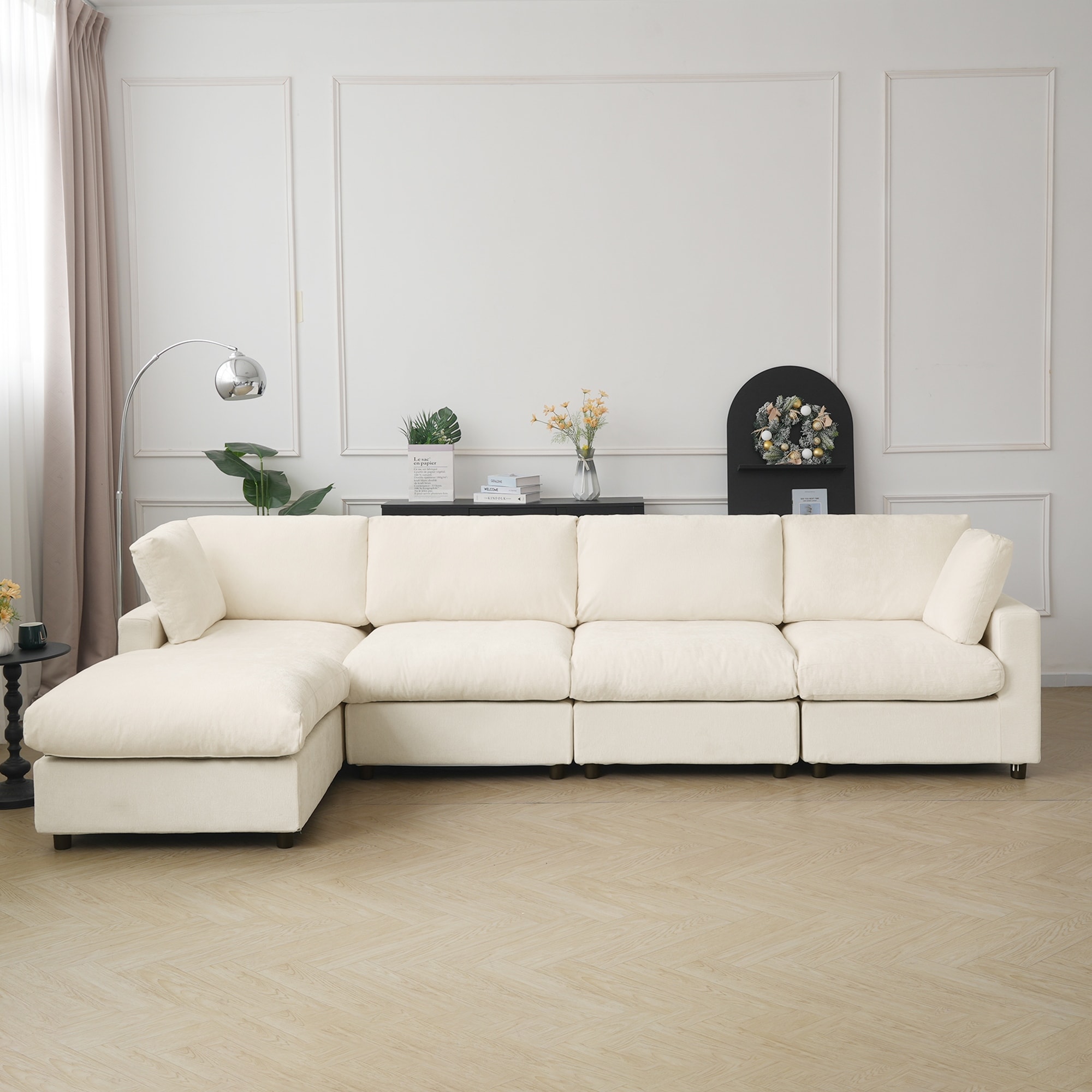 134" Cloud Sectional Couches, L Shape Couch with Ottoman, 6 Seater Modular Sectional Sofa, Cushion Covers Removable