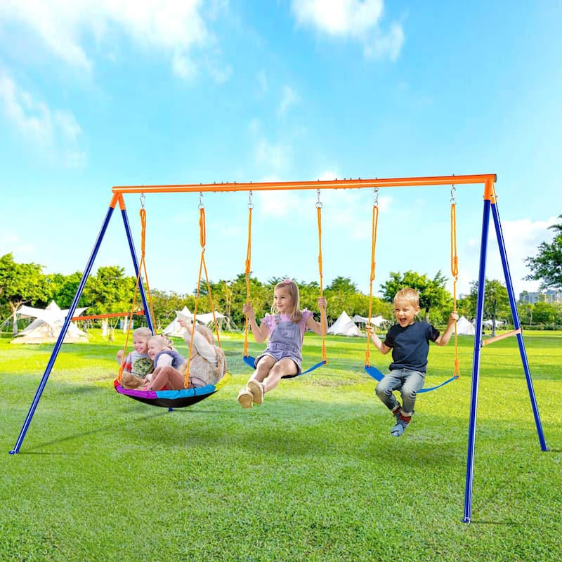 Swing Sets Included 1 Saucer 2 Belt Swing Seats with A-Shape Frame Metal Stand - 120"L x 72.01"W x 65"H