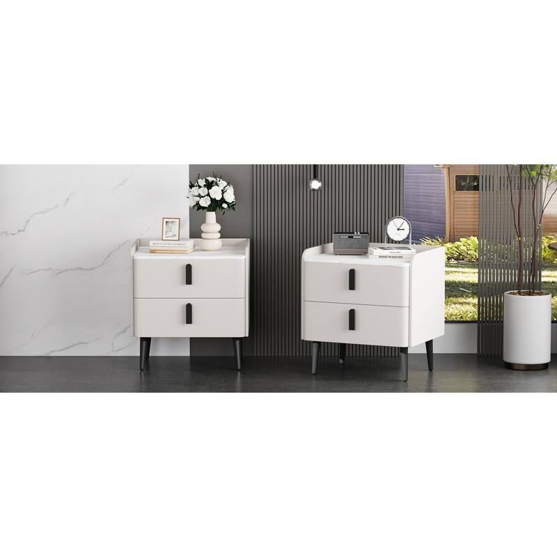 Nightstands Set of 2: 2-Drawer Marble-Pattern Top Modern Bedside/End Table - White