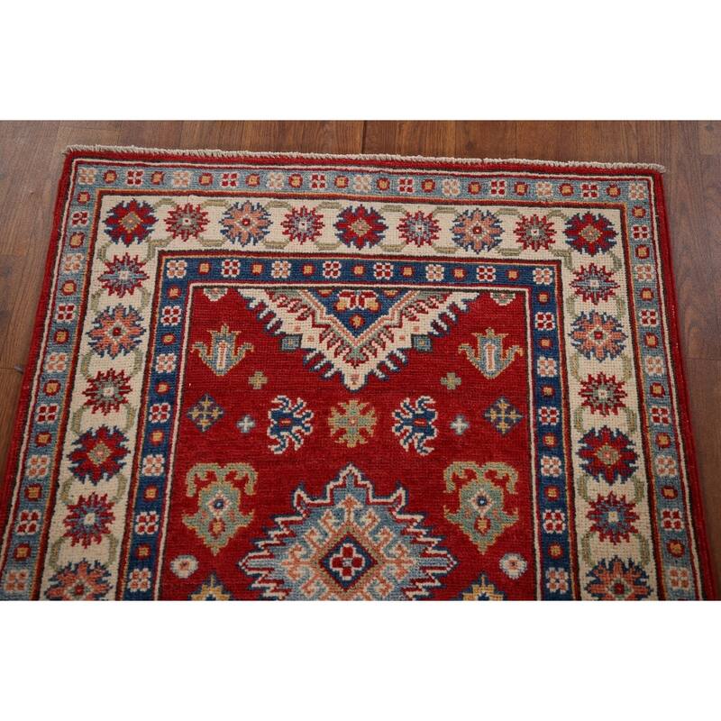 Red Geometric Kazak Runner Rug Hand-Knotted Wool Carpet - 2'7" x 9'8"