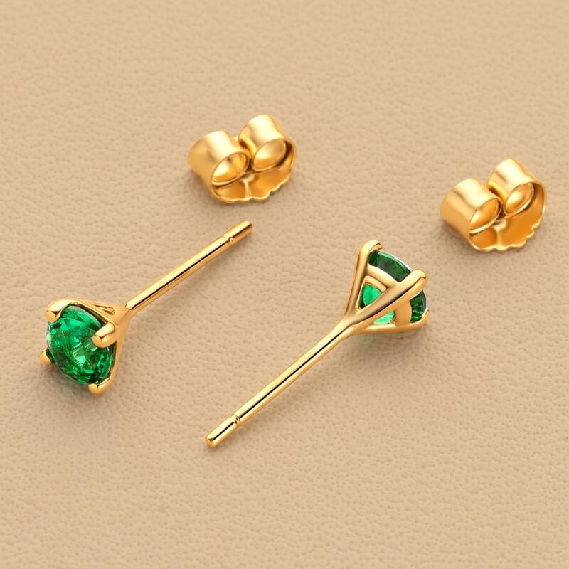 14k Gold 4mm Round Emerald Solitaire Stud Earrings
