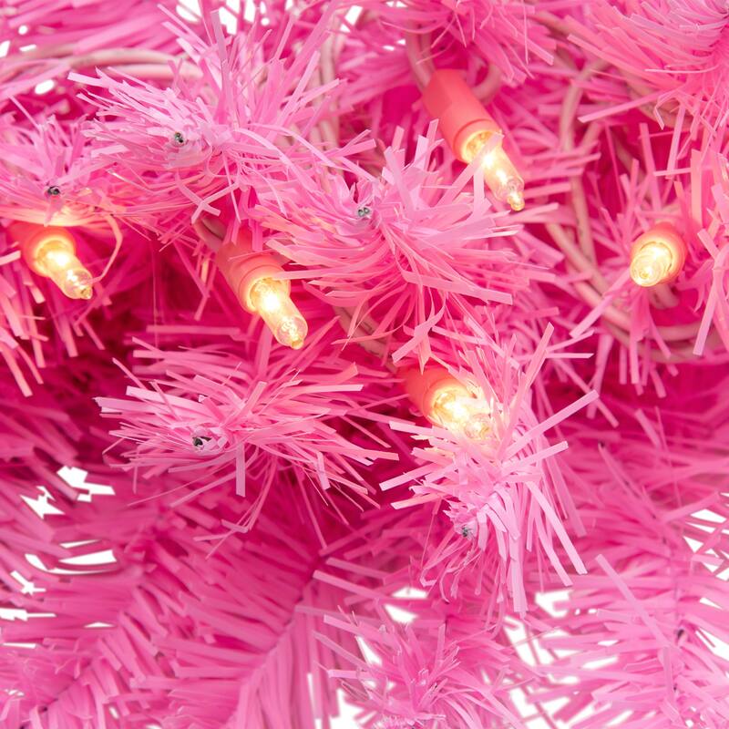 Pre-Lit Artificial Pine Christmas Wreath - 24" - Pink- Clear Lights