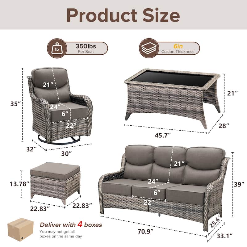 Gymojoy 6-Piece Patio Furniture Set with Swivel Glider Chairs, 6-Inch Ultra-Plush Cushions & Water-Resistant Olefin Fabric