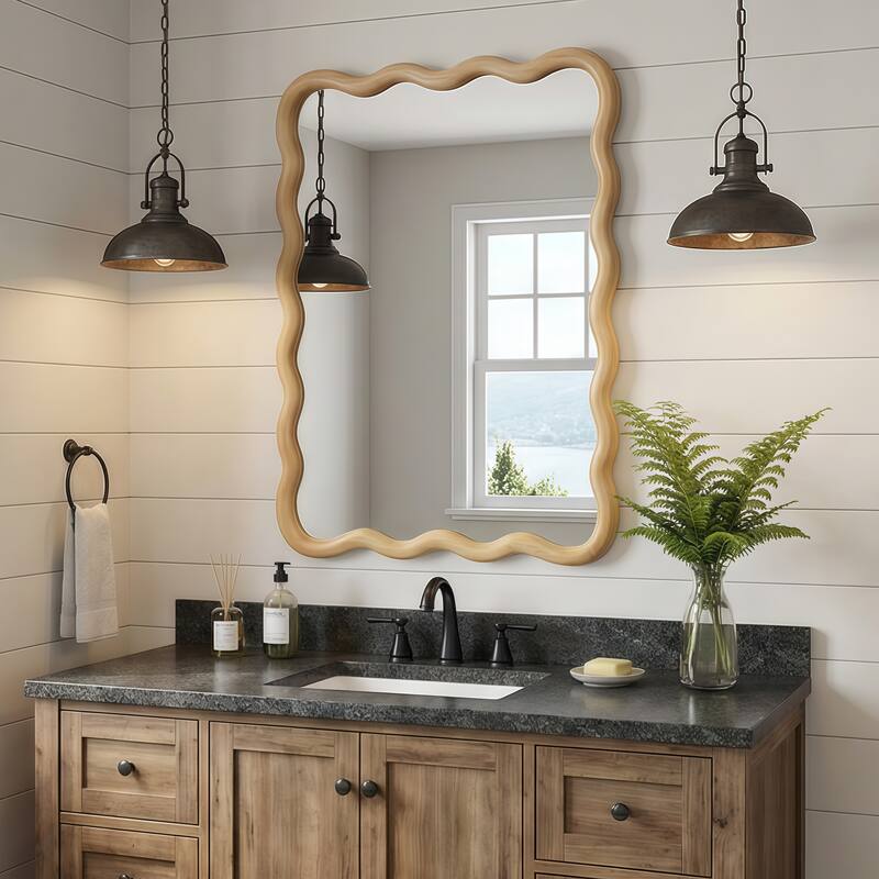 20"x30" Wavy Rectangle Solid Wood Frame Decorative Mirror,For Bedroom, Bathroom, Living Room, Entryway