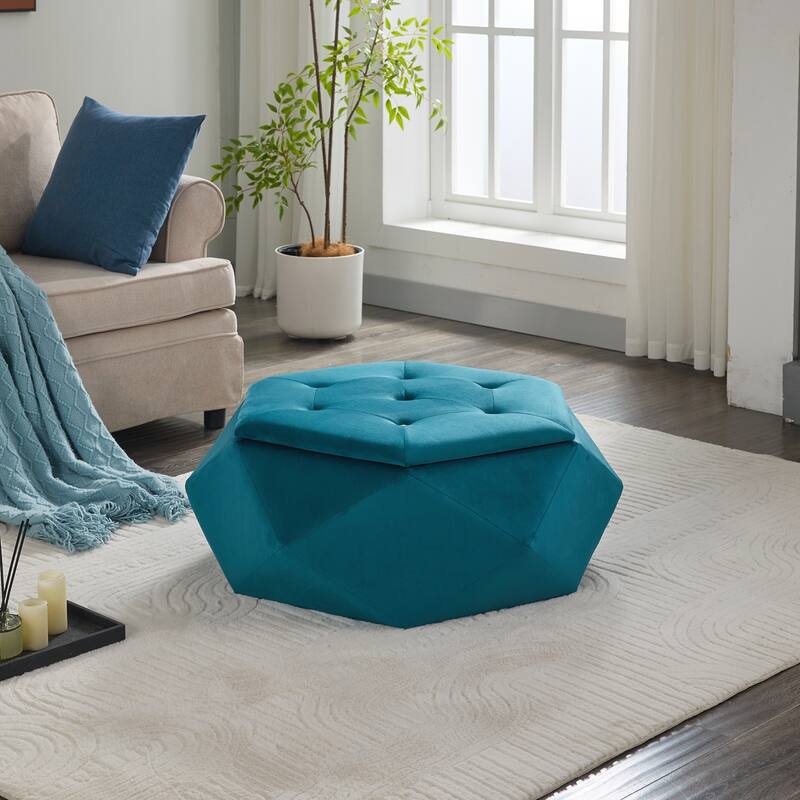 Elegant Velvet Polygon Diamond Tufted Storage Ottoman for Living Room and Bedroom - Blue