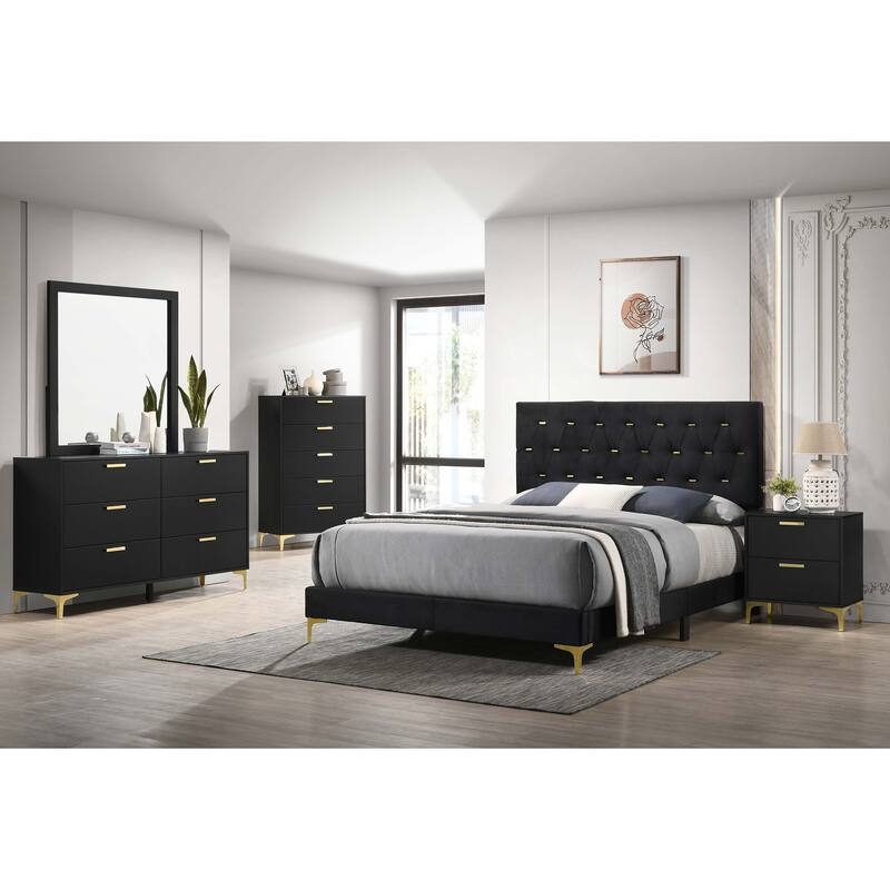 Luxury Black Velvet Upholstered Queen Bed with Gold Accents