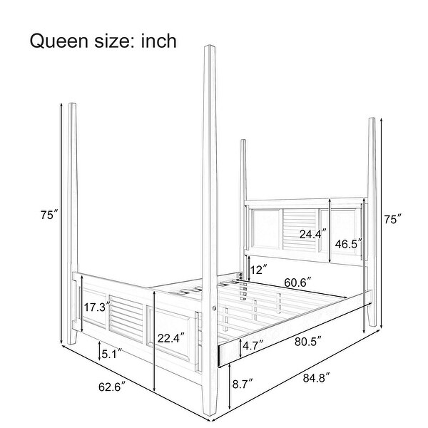 Espresso Queen Size Traditional Pine Solid Wood Four Poster Bed