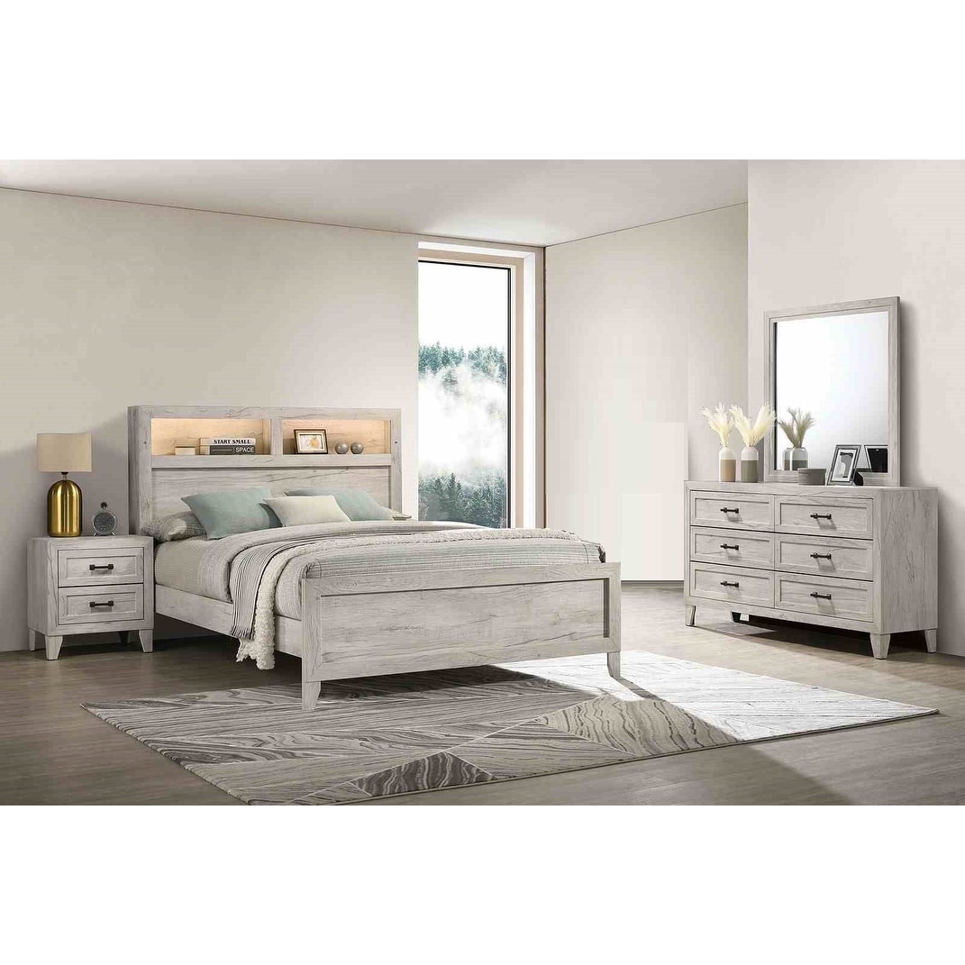 Modern Off White Finish LED Bedroom Furniture Set w Bookcase Headboard
