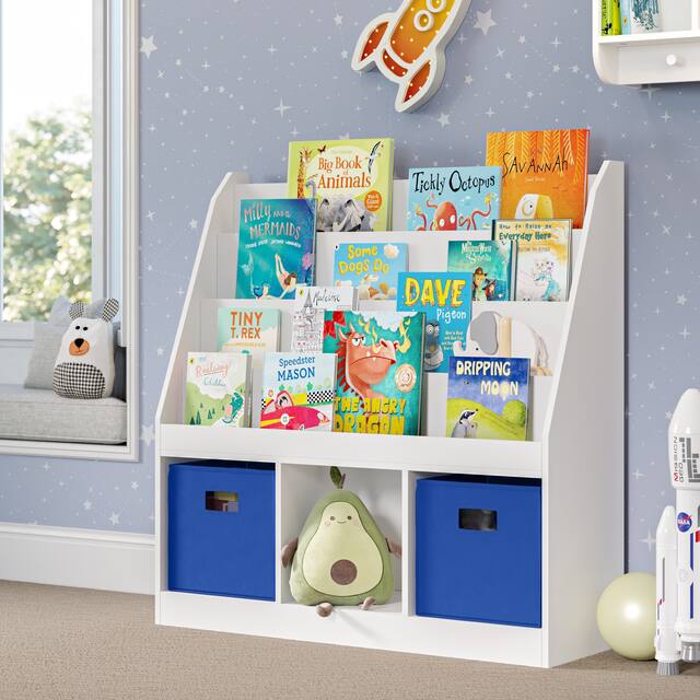 RiverRidge Home Kids Bookrack with Three Cubbies, White - White with 2 Blue Bins