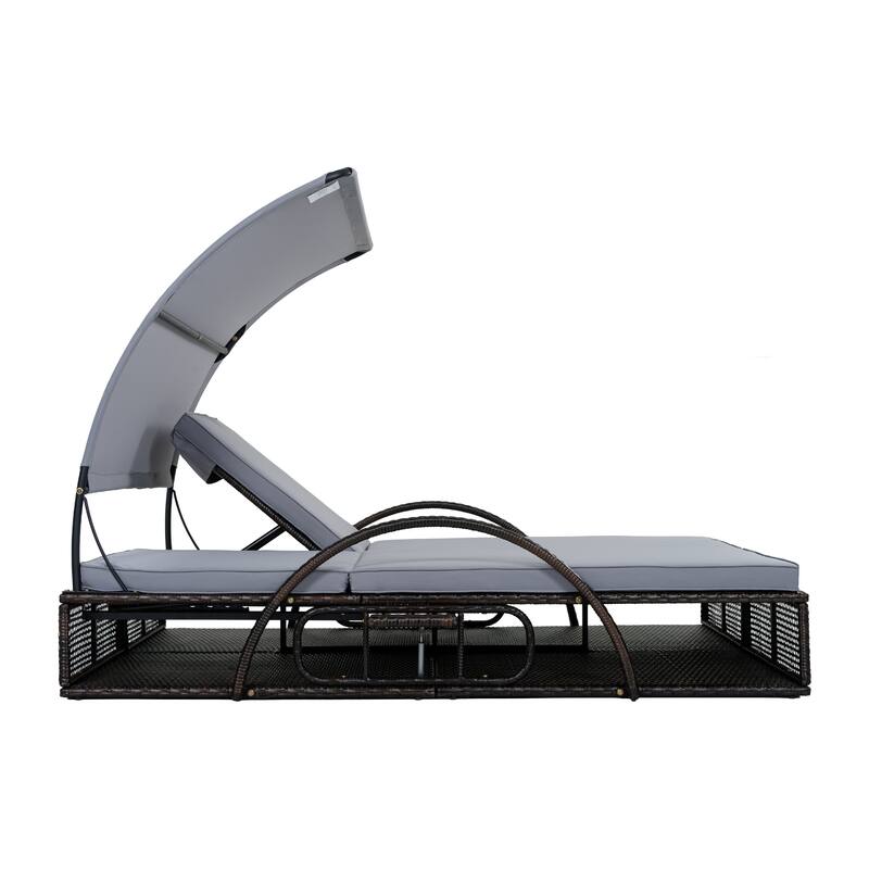 Outdoor Steel Frame Sun Lounger with Adjustable Backrest,Patio Double Sunbed with Hidden Side Table and Arched Armrests