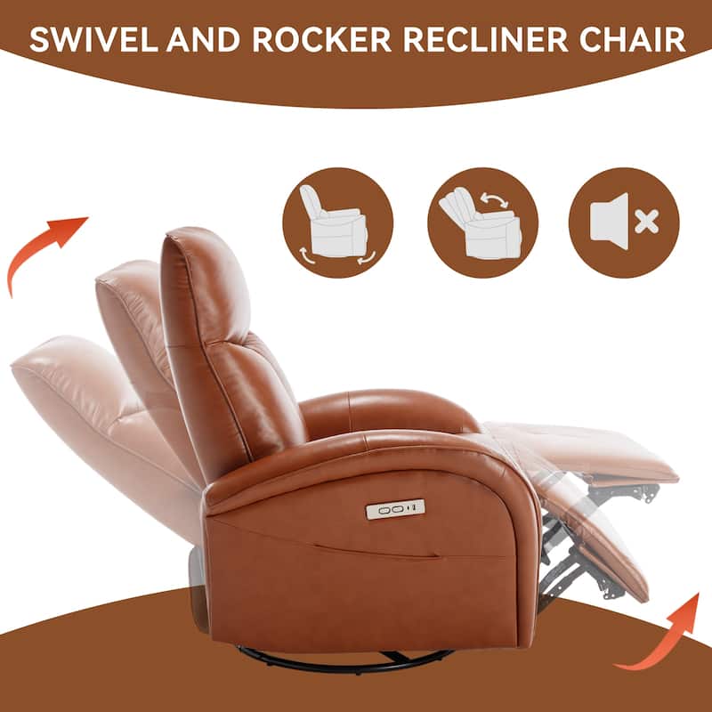 Modern Genuine Leather Swivel and Rocker Power Recliner Chair, 270° Swivel Recliner Chair with Lumbar Support, USB and Type-C