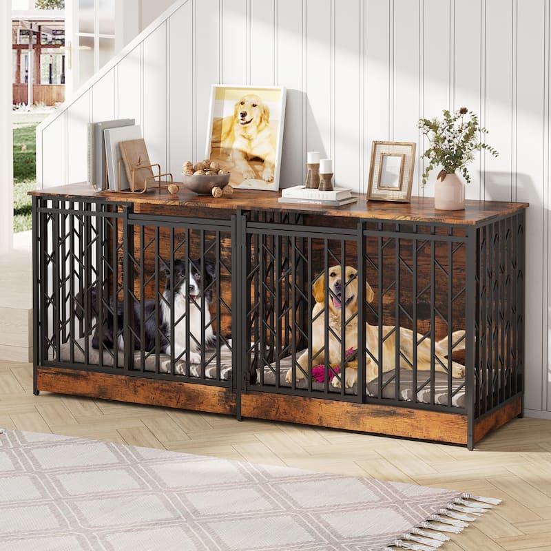Large Double Dog Crate Furniture for Medium and Large Dogs, Rustic Industrial Dog Kennel End Table