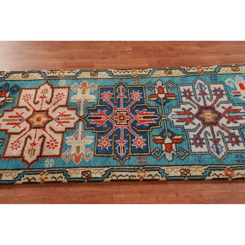 Hand Knotted Oriental 100% Wool Carpet Traditional Geometric Navy Blue & Blues Kazak Runner Rug - 8' 1'' X 2' 7''