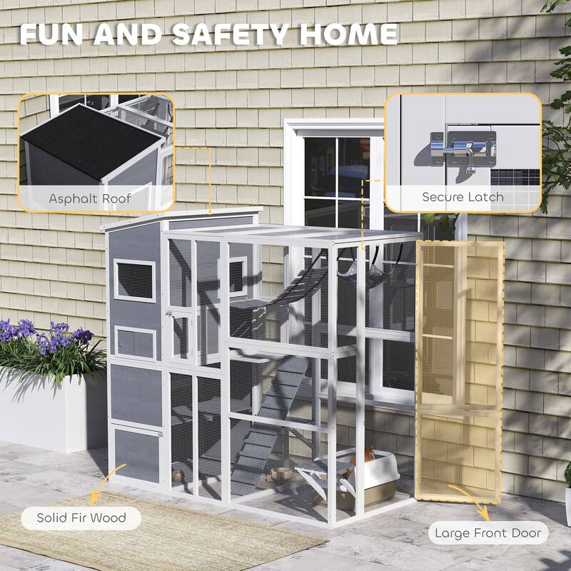 PawHut Catio Outdoor Cat Enclosure, Large Wooden Cat House with 4 Tier Resting Rooms, 3 Platforms, 1 Soft Ladder, 2 Ramps