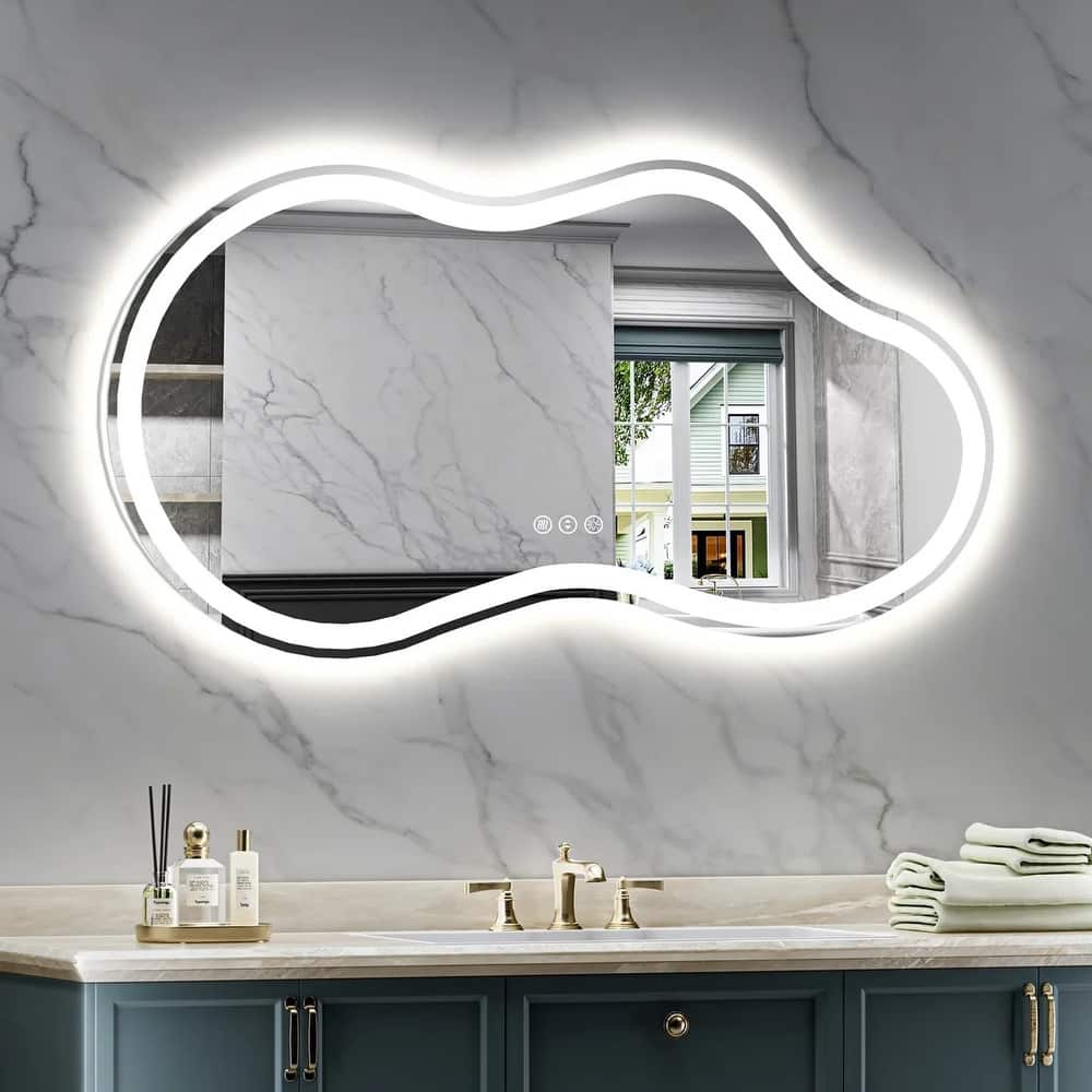 Irregular Double LED Lighted Anti-fog Tempered Glass Wall Bathroom Vanity Mirror, 3-Year Warranty&ETL Certified