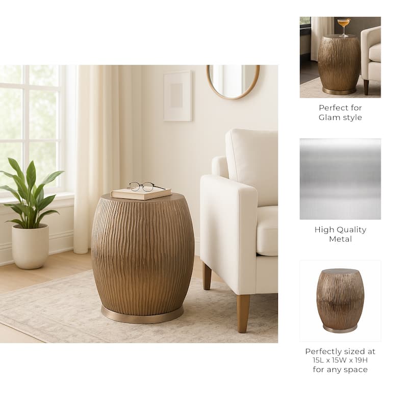 Modern Ribbed Drum Side Table with Round Metallic Finish Accent - 19", Gold
