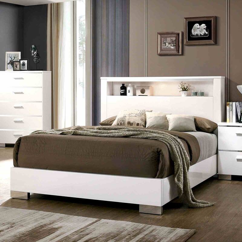 Contemporary White Finish 1PC LED Shelf Headboard Bed