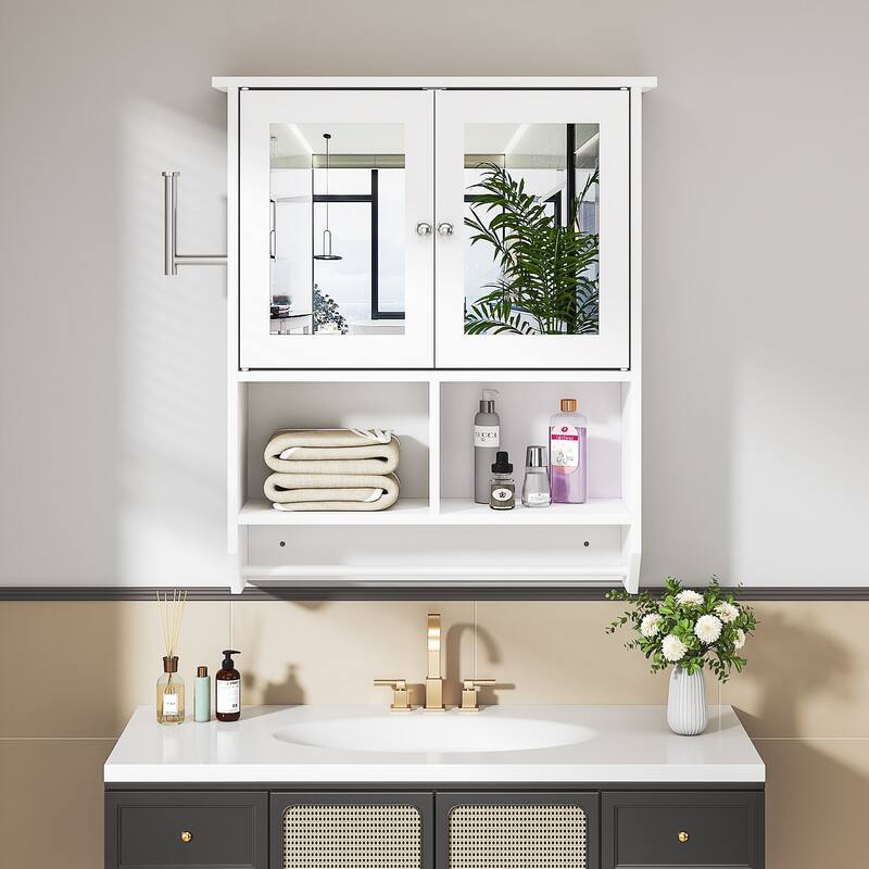 VECELO White Double Door LED Mirror Medicine Cabinet with Adjustable Shelves Tempered Glass Wall Mounted Bathroom Cabinet