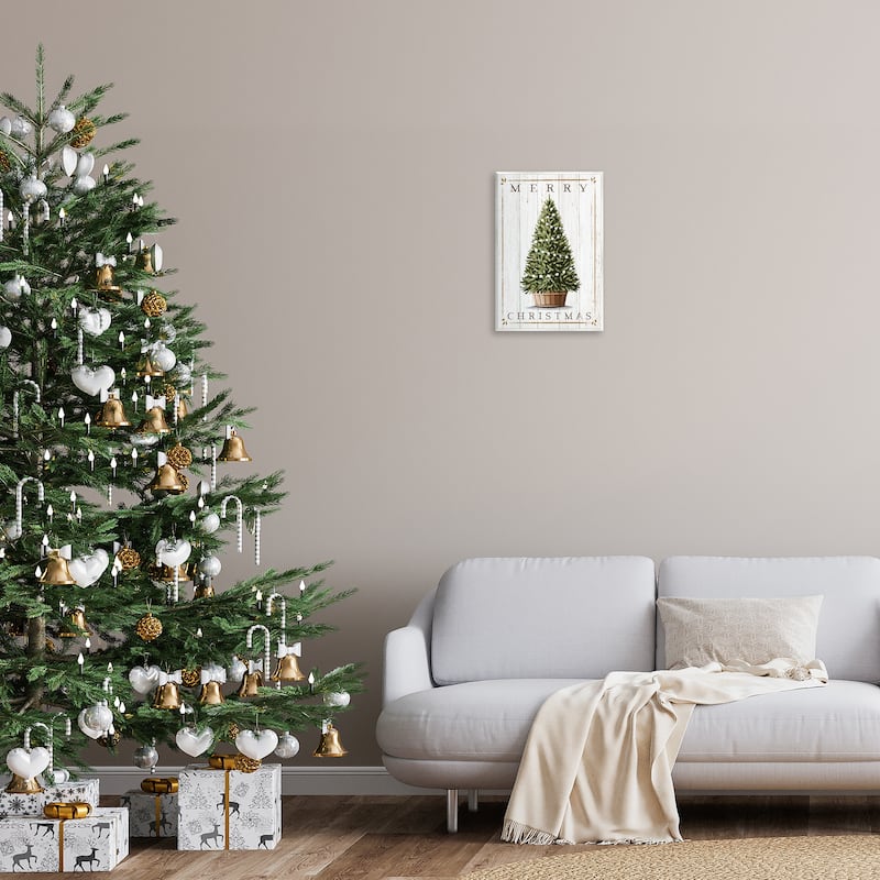 Stupell Merry Christmas Country Farm Tree Rustic Pattern Wood Wall Art