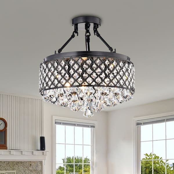 slide 2 of 10, Antique Black 4-Light Beaded Drum Crystal Semi Flush Mount