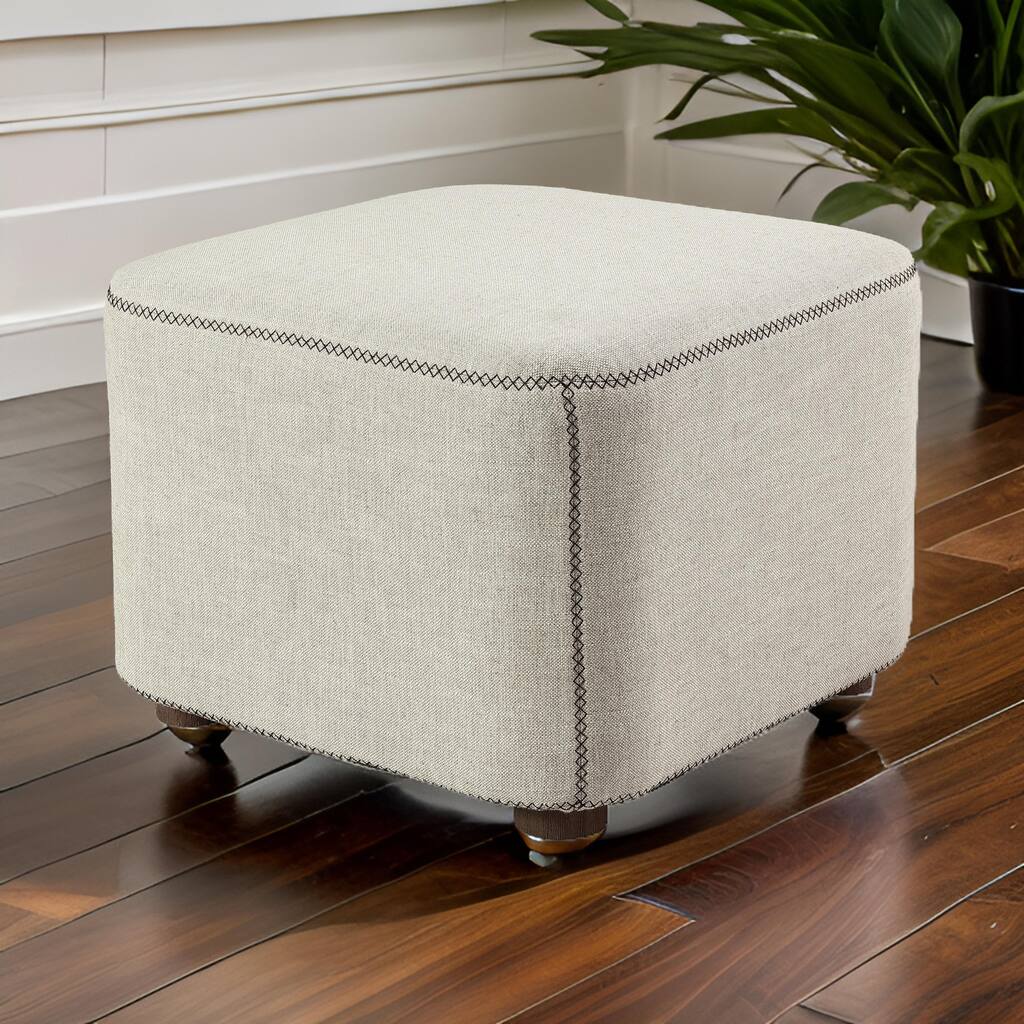 Reza 22 Inch Upholstered Ottoman, Gray Fabric, Cross Stitched Details