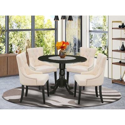 HomeStock 5-Piece Round Black Finish Solid Wood Top Dining Table with 4-Parson Chair with Drop Leaf Lattice Back