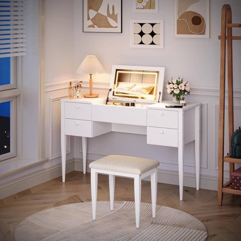 3-in-1 Vanity Desk with Flip Top LED Mirror, 5 Drawers, and Cushioned Stool