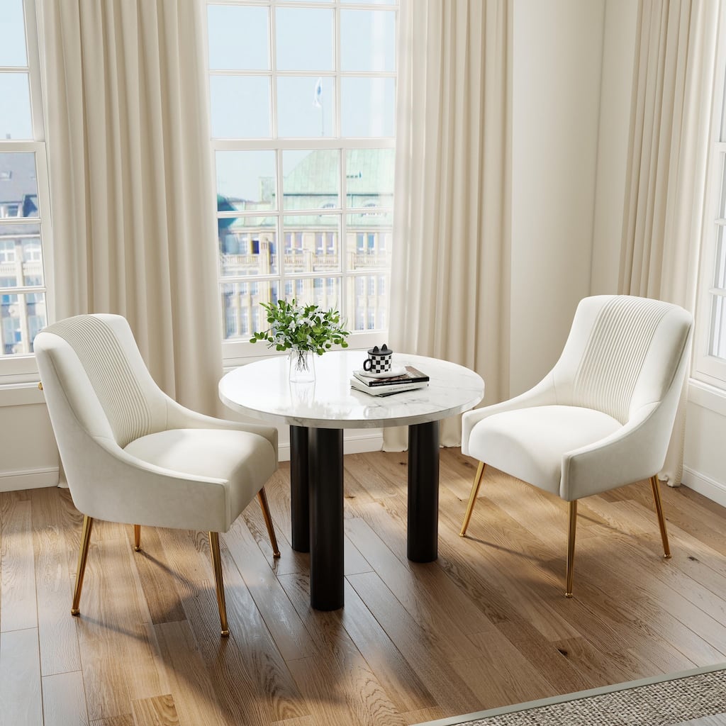 SEYNAR Modern Glam Boucle Pleated Velvet Dining Chair or Vanity Chair Set of 2 with Rear Handle