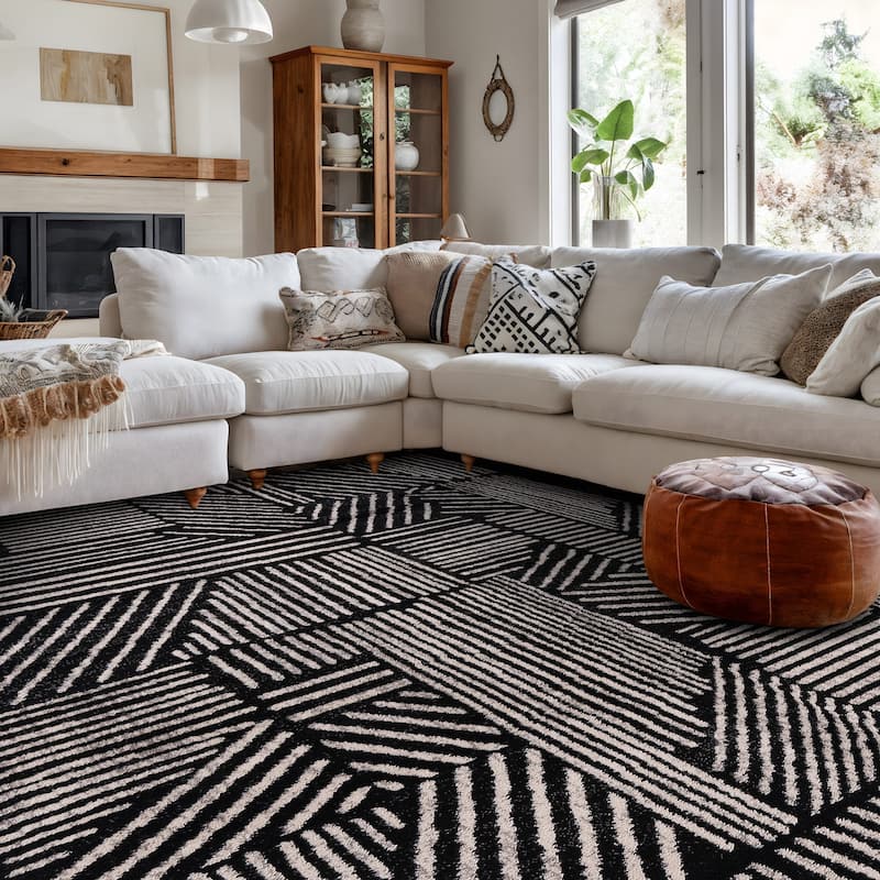 World Rug Gallery Contemporary Boho Stripes Black Area Rug