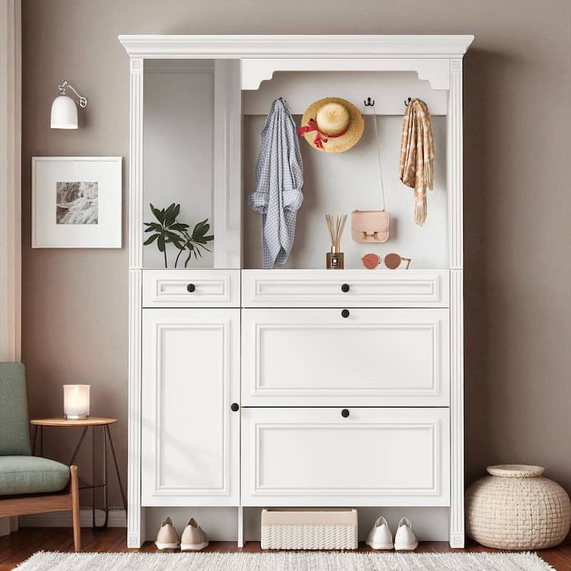 54.7" Hall Tree with Mirror, Coat Hooks, Bench & Shoe Cabinet, 4-in-1 Entryway Organizer with 2 Flip Drawers, 2 Cabinets - White
