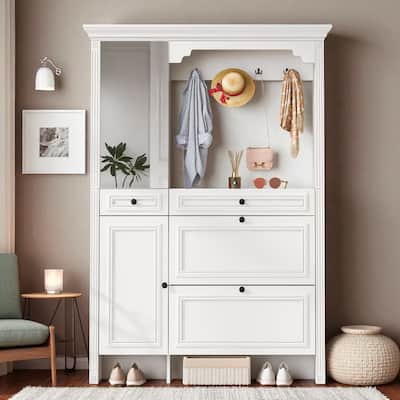 54.7" Hall Tree with Mirror, Coat Hooks, Bench & Shoe Cabinet, 4-in-1 Entryway Organizer with 2 Flip Drawers, 2 Cabinets