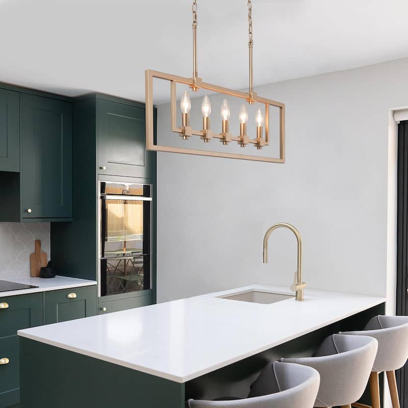 Mid-Century Modern Brass 5-light Linear Frame Candle Chandelier Kitchen Island Dining Room - matte rose gold - L28" x W5" x H78"