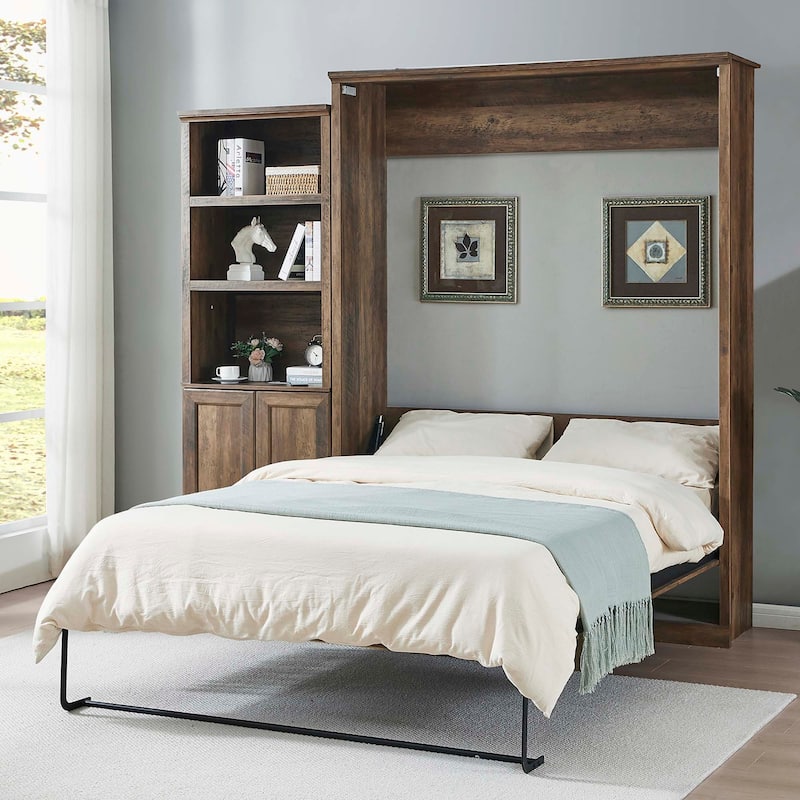 Queen Size Murphy Wall Bed with 1 Side Cabinet Storage Shelf - Brown