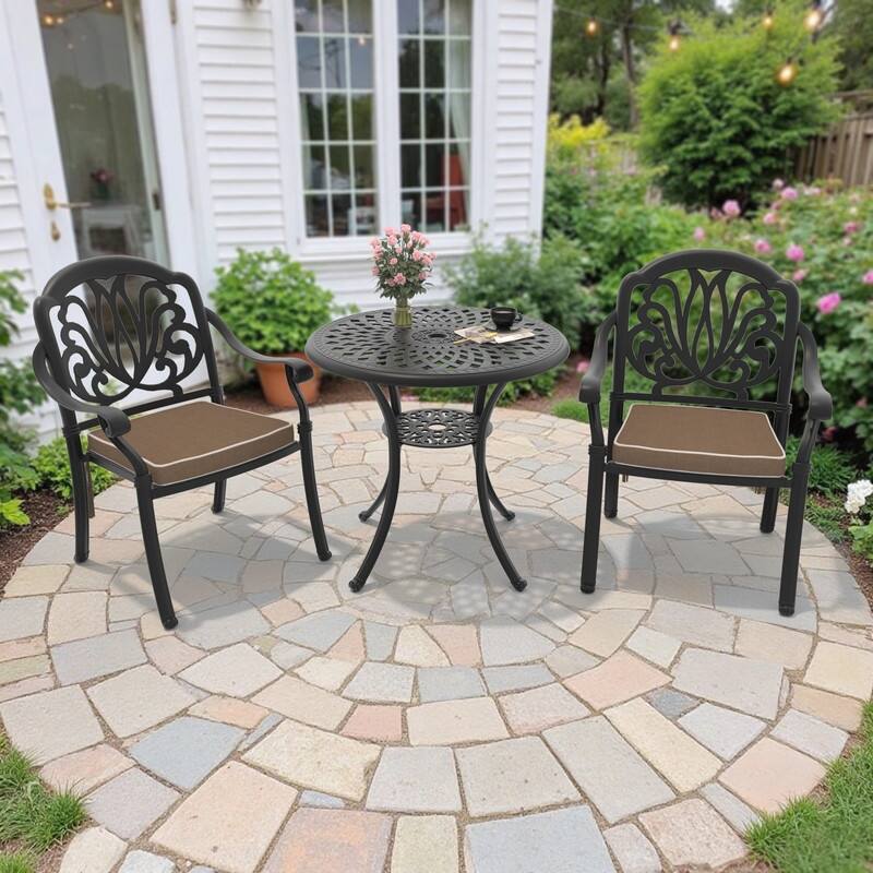 3-Pc Aluminum Patio Set , 2 x Armchairs with Brown Cushions with 1 With Umbrella Hole Table