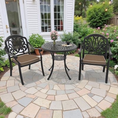 3-Pc Aluminum Patio Set , 2 x Armchairs with Brown Cushions with 1 With Umbrella Hole Table