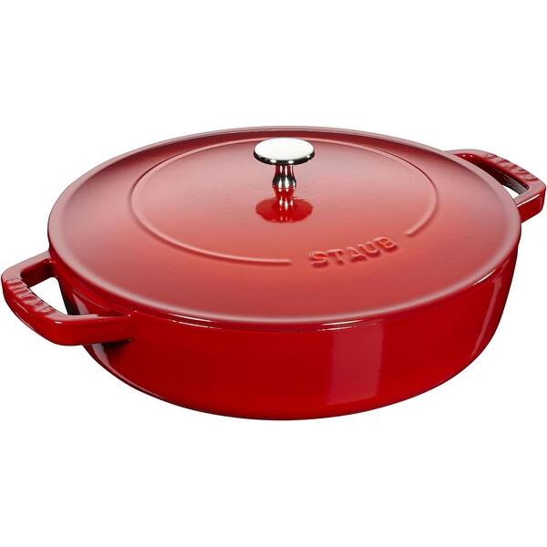 slide 2 of 6, Staub 28cm / 4qt Round Cast Iron Saute Pan with Chistera Lid, Cherry