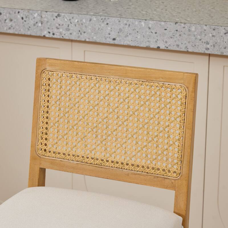 Full Solid Wood Rattan-Back Bar Stool, Matte Linen Cushion with High-Resilience Foam & S-Springs,Set of 2